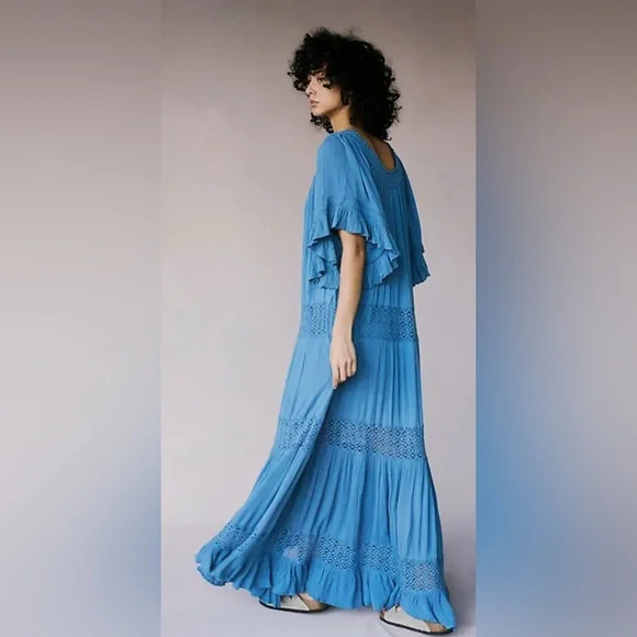 NWOT Free People Dream On Maxi Dress Coastal Blue Embroidered Lace Detail Sz Sm - Picture 2 of 16